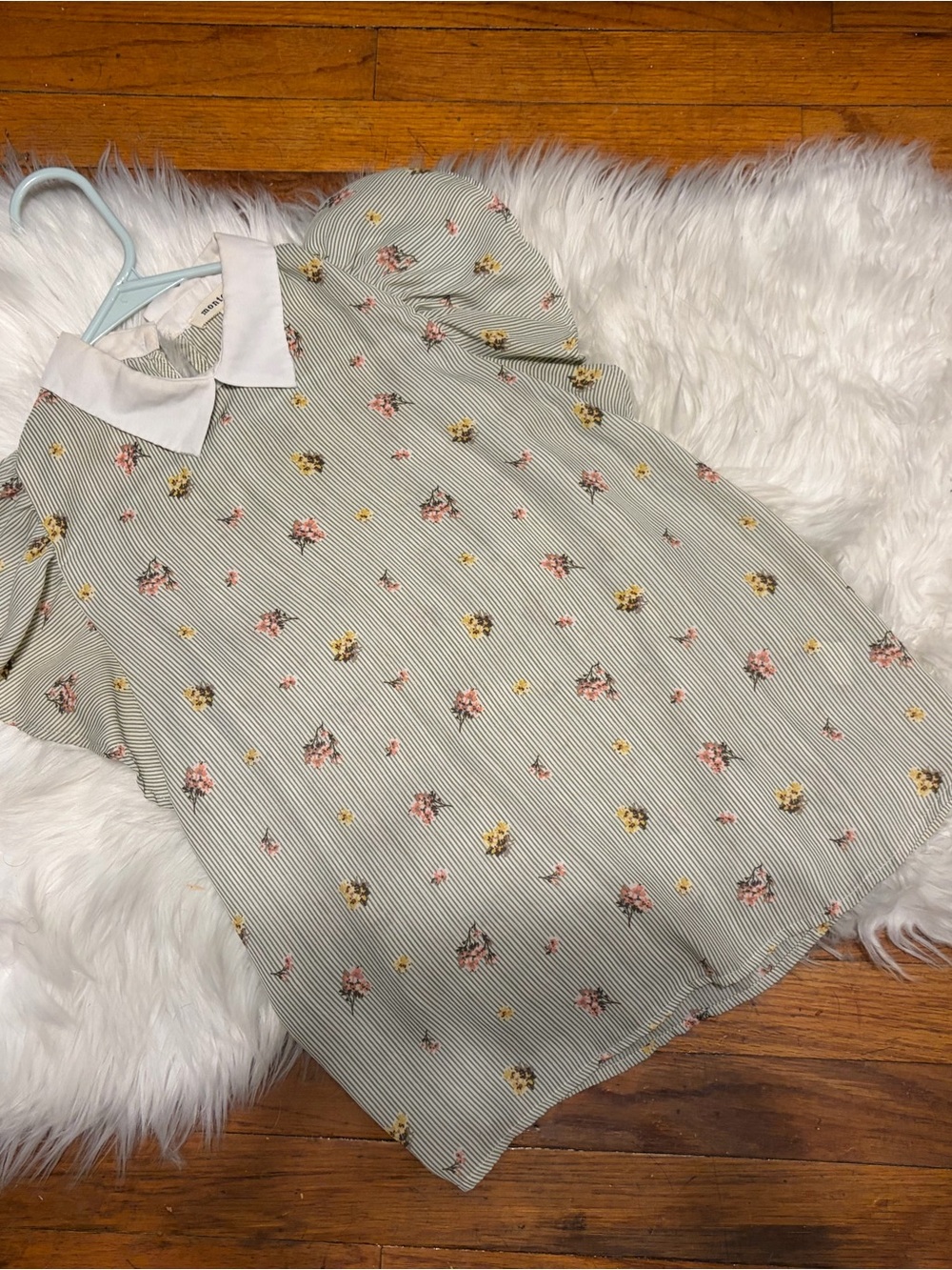 Striped Floral Collared Blouse - Green with Pink & Yellow Flowers; Small